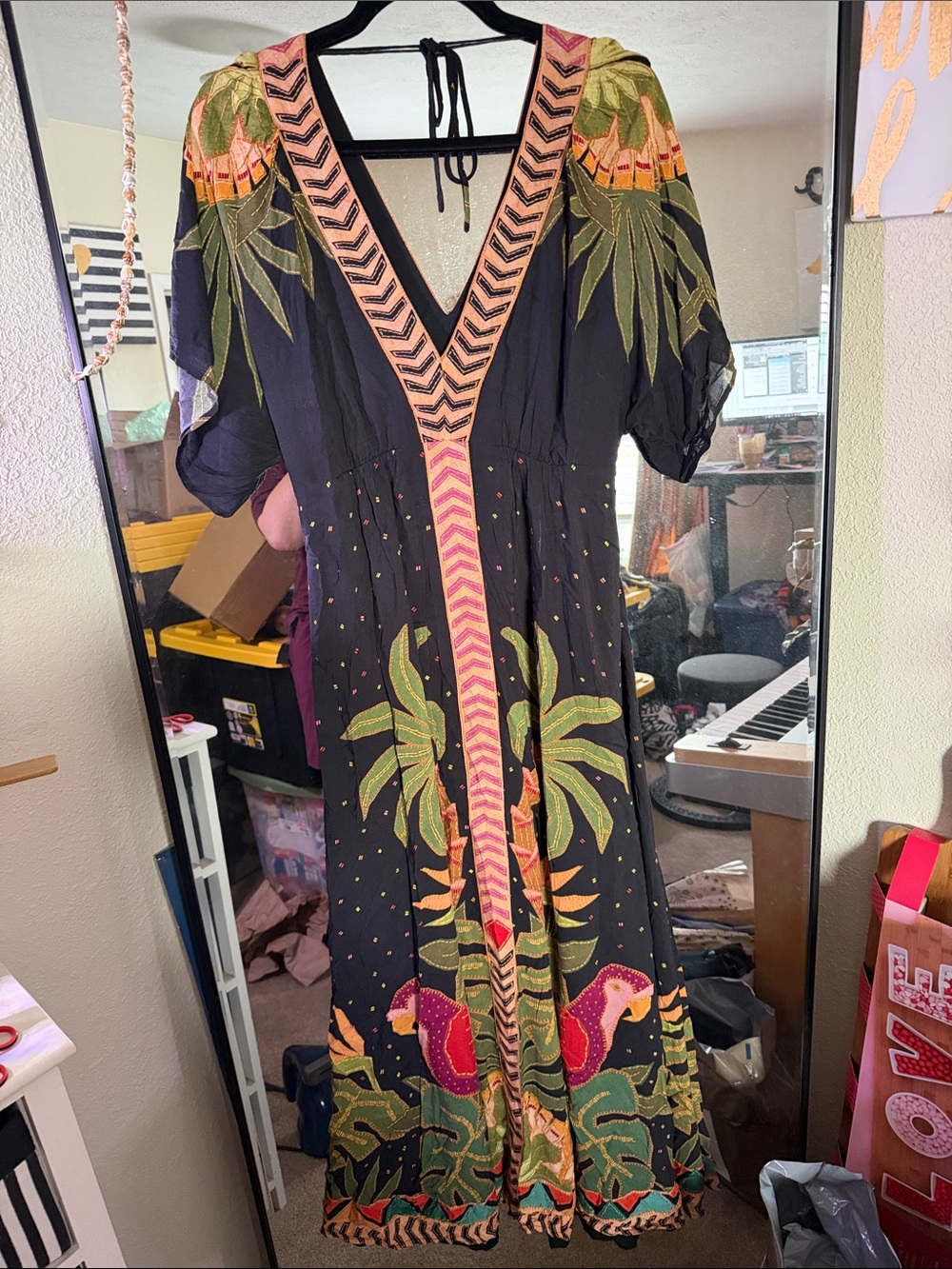 FARM Rio Black V‑Neck Tropical Embroidered Swim Coverup